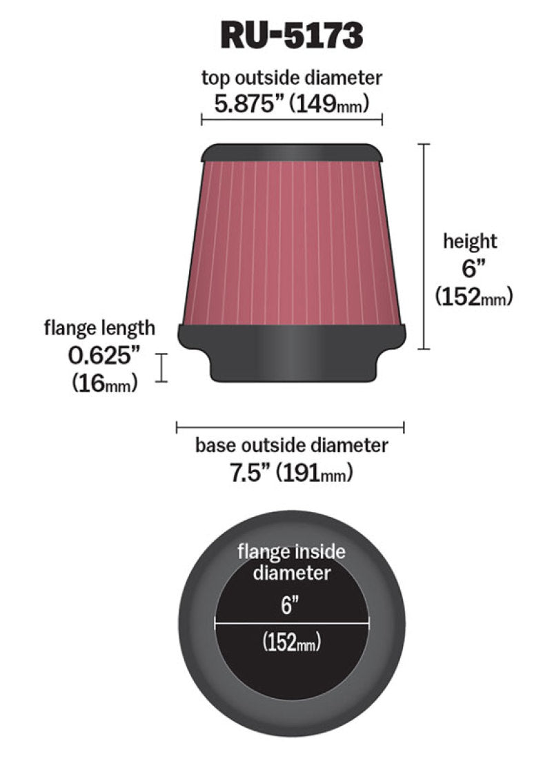 Universal Clamp-On Air Filter 6in FLG/7-1/2in B/5-7/8in T/6in H - View 11 | Dirty Garage