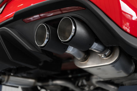 2018-2020 Mustang GT 5.0 Quad Tip Active Exhaust Cat Back Split Rear T304 Carb Fib Tips - View 5 | Dirty Garage