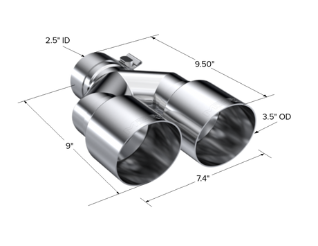 Universal T304 SS Dual Tip 3.5" OD 2.5" Inlet - View 3 | Dirty Garage