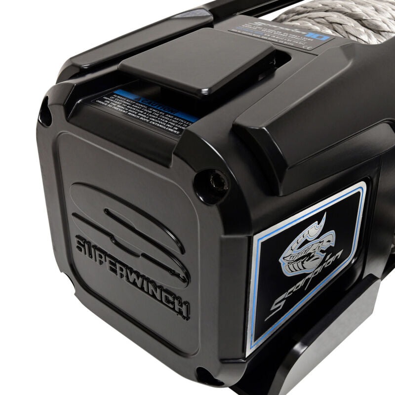 Superwinch 10000 LBS 12V DC 3/8in x 54ft Synthetic Rope Scorpion 10000SR Winch - Black Powdercoat - View 3 | Dirty Garage