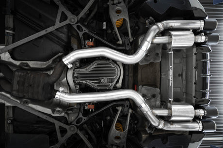MBRP 18-22 BMW M2 Competition 3.0L T304 SS 3in Resonator-Back Exhaust Quad Rear w/ Carbon Fiber Tips - View 3 | Dirty Garage