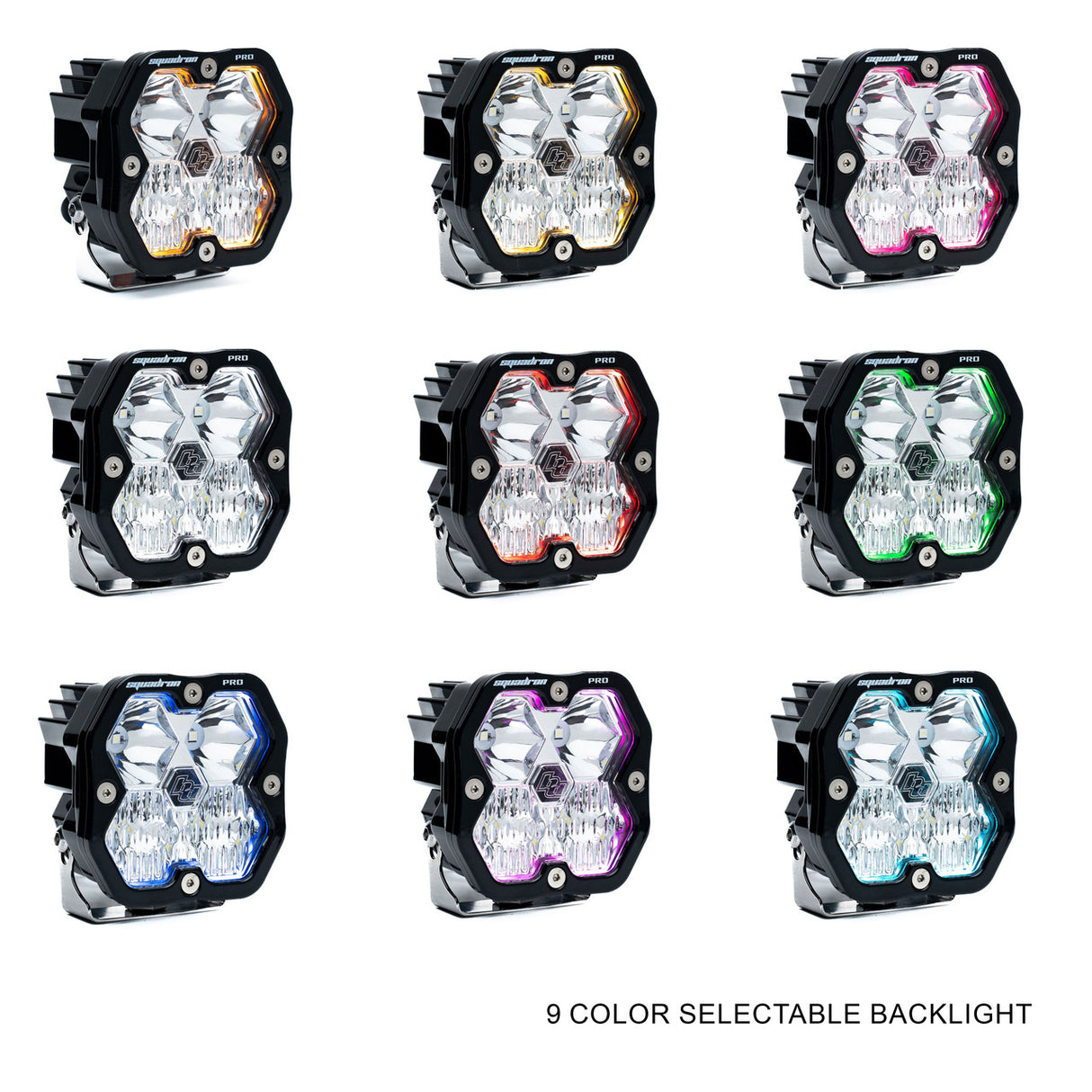 Baja Designs Squadron 2.0 Pro black housing with selectable backlight, used in the Jeep JL/JT A-Pillar kit