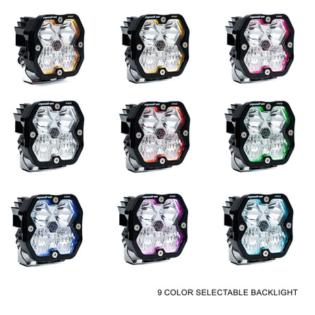 Baja Designs Squadron 2.0 Pro black housing with selectable backlight, used in the Jeep JL/JT A-Pillar kit