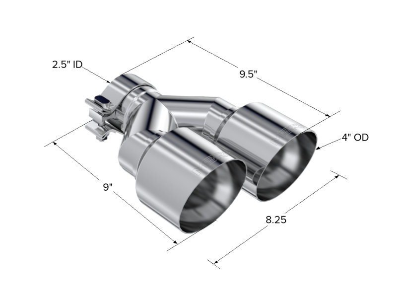 Universal T304 SS Dual Tip 4" OD 2.5" Inlet - View 2 | Dirty Garage