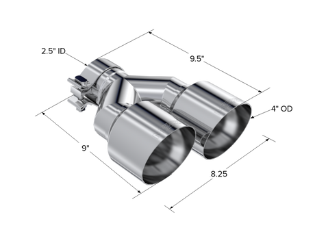 Universal T304 SS Dual Tip 4" OD 2.5" Inlet - View 2 | Dirty Garage