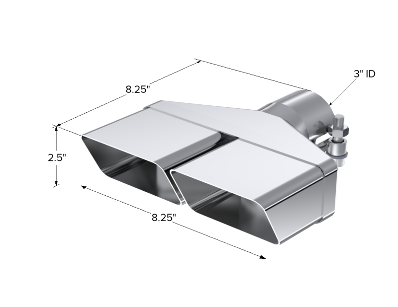 Universal 8" x 2.375" ID Rectangle Tip T304 8.25" Length 2.5" OD Inlet - View 5 | Dirty Garage