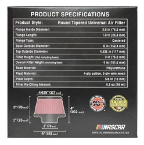 Universal Round Clamp-On Air Filter 3in Flange ID x 6in Base OD x 4.625in Top OD x 3in Height - View 14 | Dirty Garage