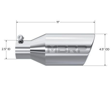 Universal 4.5" OD Angle Rolled End Tip 2.5" Inlet 11" Length T304 - View 4 | Dirty Garage