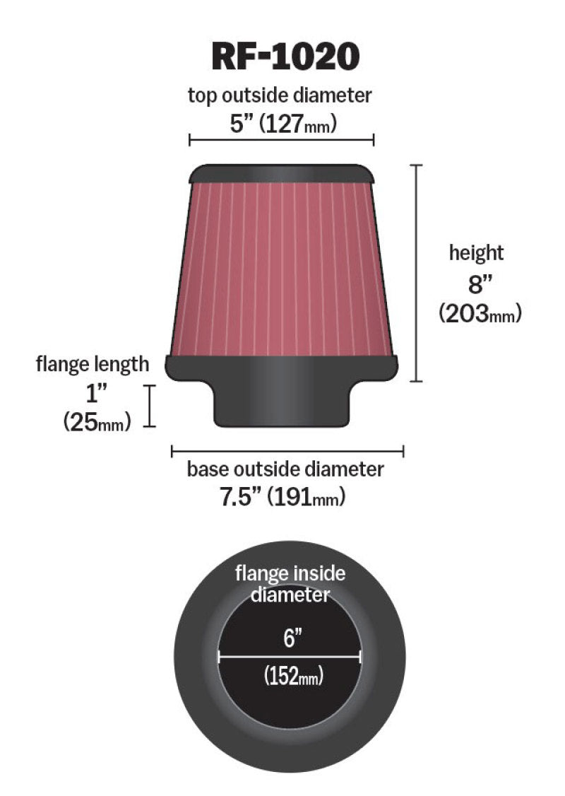 Universal Air Filter 6in Flange ID x 7.5in Base/5in OD Top x 8in H - View 6 | Dirty Garage
