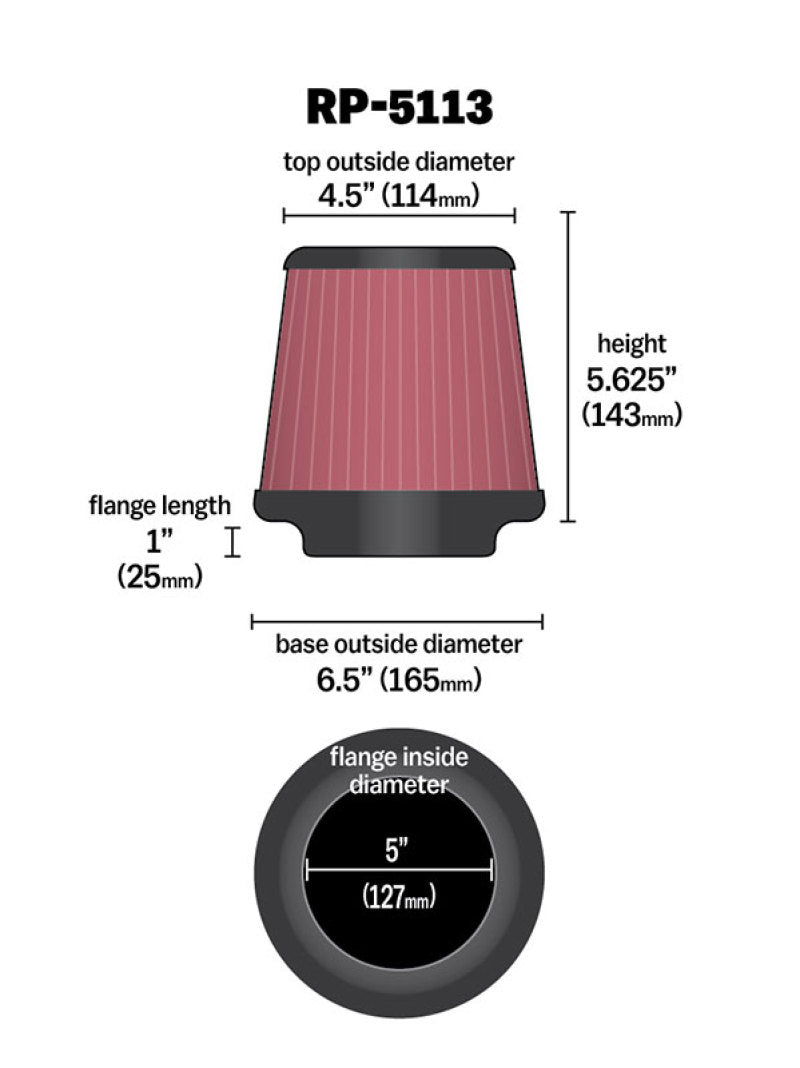 Universal Cone Filter 5in ID 6.5in base 4.5in top 5.625in height carbon fiber look - View 13 | Dirty Garage