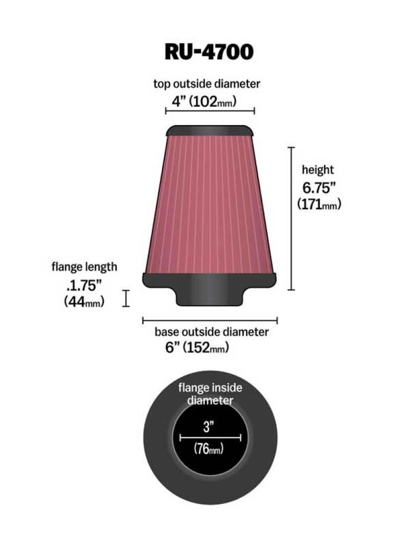 Universal Tapered Filter 3in Flange ID x 6in Base OD x 4in Top OD x 6.75in Height - View 12 | Dirty Garage