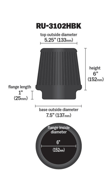 Universal Rubber Filter Round Tapered 6in Flange ID x 7.5in Base OD x 5.25in Top OD x 6in Height - View 16 | Dirty Garage