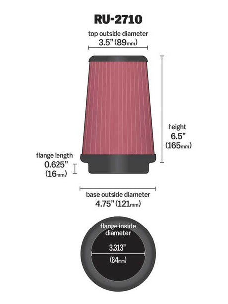 Universal Rubber Filter Round Tprd 3.313in Flange ID x 4.75in Base OD x 3.5in Top OD x 6.5in H - View 13 | Dirty Garage