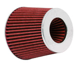 Universal Air Filter Chrome Round Tapered Red - 4in ID x 1.125in L x 5.5in H (Multi Lingual) - View 2 | Dirty Garage