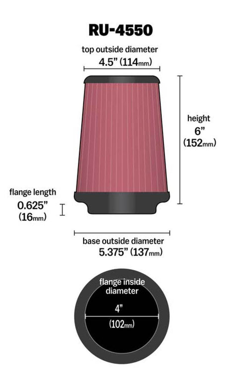 Universal Air Filter 4in Flange/5-3/8in Base/4-1/2in Top/6in Height - View 13 | Dirty Garage