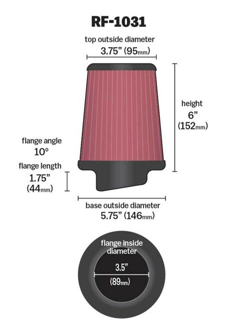 Universal Round Tapered Universal Air Filter 3.5in Flange ID/5.75in Base OD/3.75in Top OD/6in H - View 14 | Dirty Garage